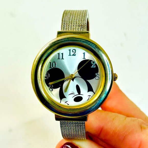 Disney Mickey Mouse Silver & Gold Tone Cuff Bangle Wristwatch NEEDS BATTERY - Picture 1 of 11